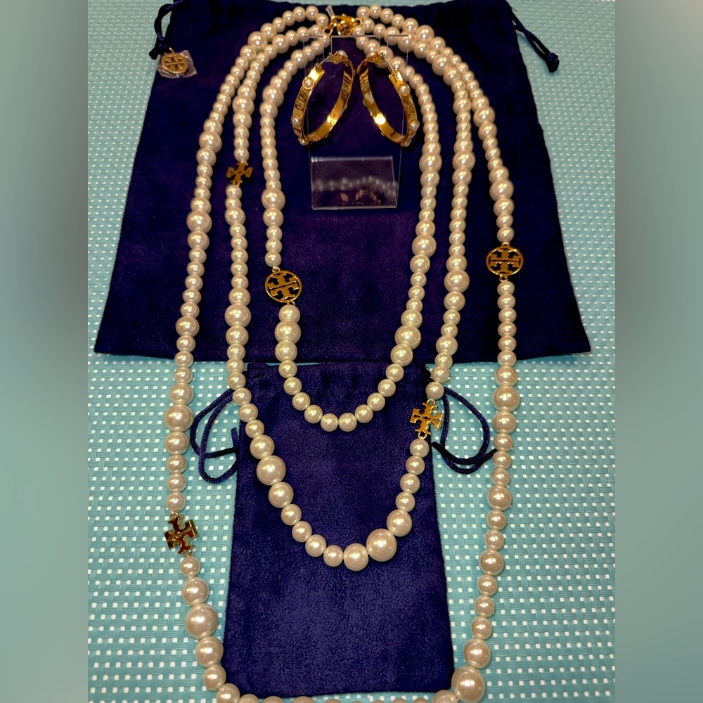 Tory Burch 3 strand tier pearl necklace and matching hoops New